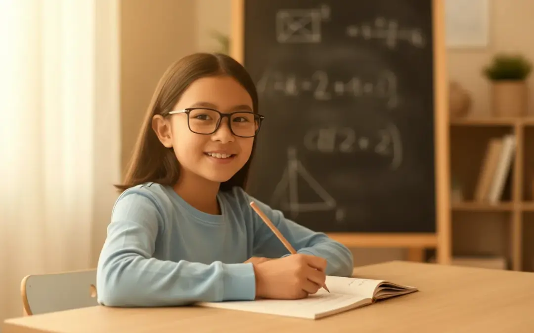 A smiling girl in glasses sits at a desk with a notebook and pencil; a chalkboard with mathematical equations is softly lit in the warm background.