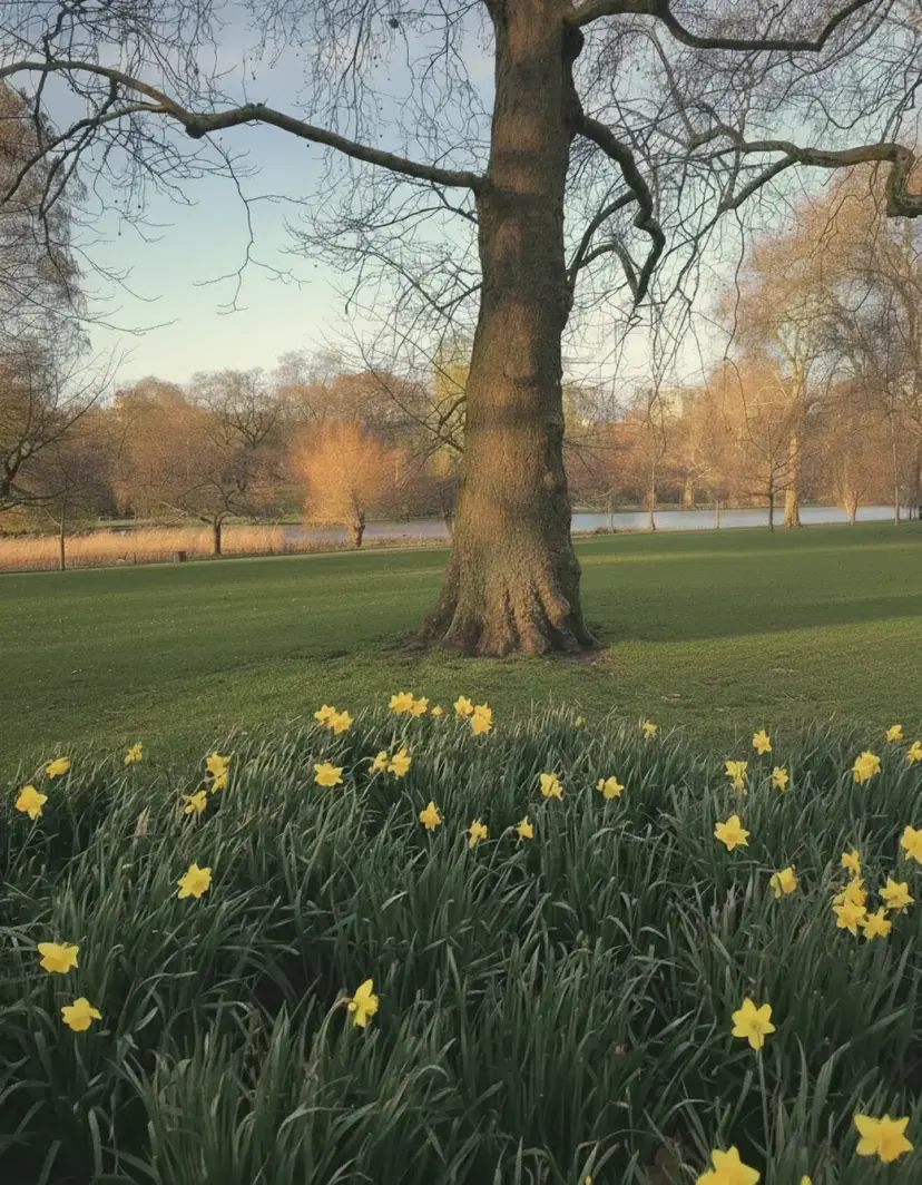 A large tree and a bank of yellow daffodils in a quiet spring park, with a calm lake beyond.