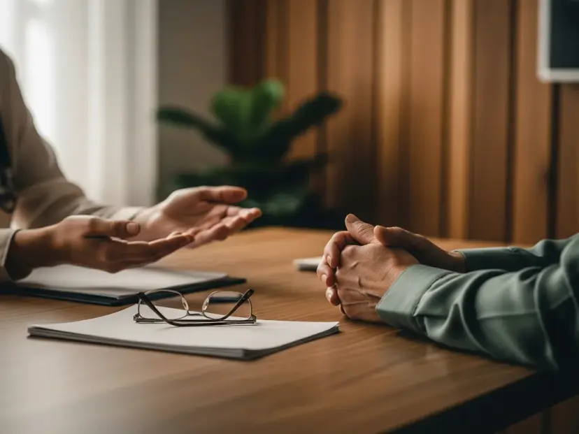 Across a desk in a calm office, an adult's hands rest near blank documents and reading glasses while the psychologist's hand makes an open, reassuring gesture
