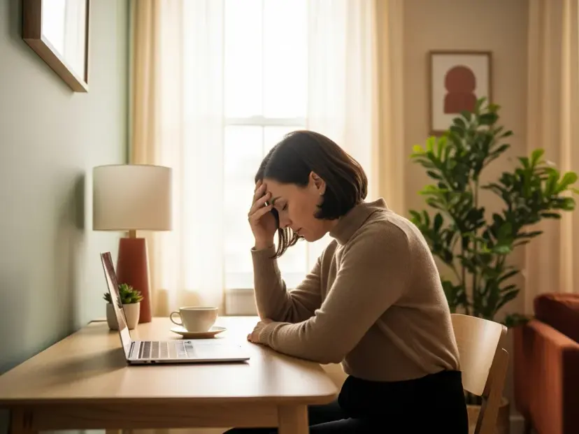 A weary woman resting her forehead on her hand at a desk by a window, a cup of tea and a laptop nearby, in a calm warm room