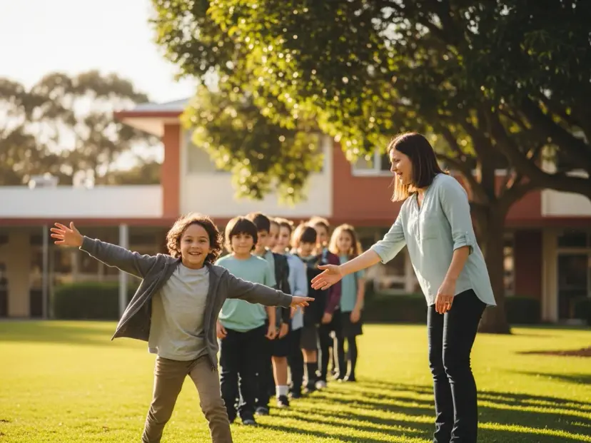 On a sunny school field an excited child of about ten breaks out of a line of classmates, full of restless energy, with a teacher reaching out beside them