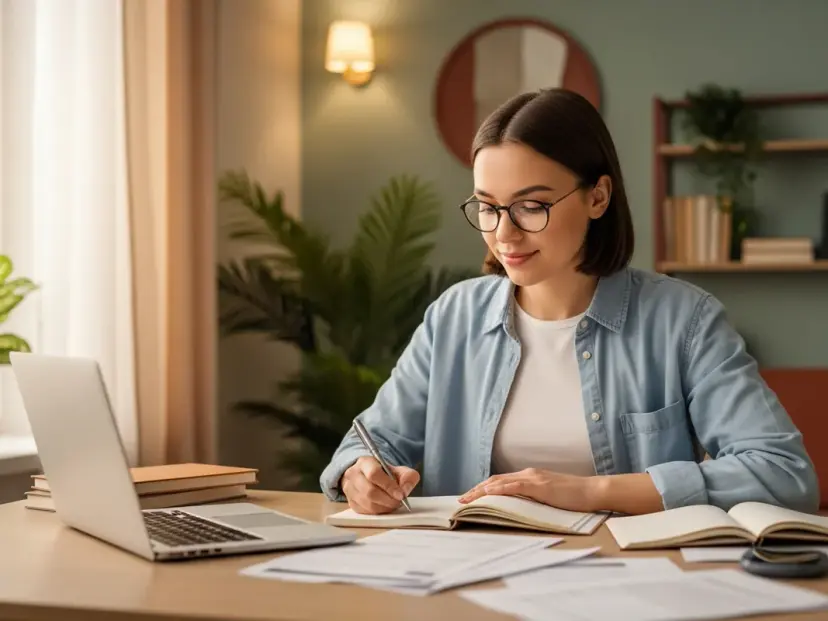 A university student in glasses writing in a notebook at a desk with a laptop, books and documents, in a calm warm study