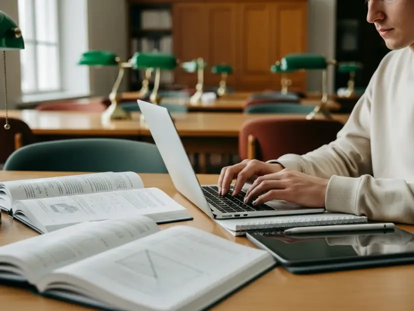 A young man studies at a laptop in a university library reading room, with open mathematics textbooks and a tablet on a warm wooden desk