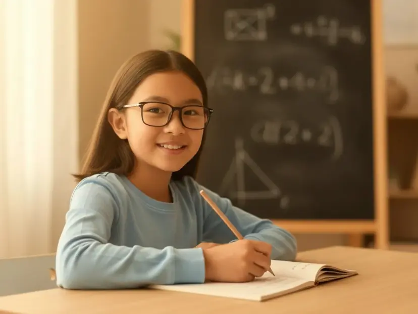 A smiling school-age girl in glasses writing at a desk, a chalkboard with geometry behind her